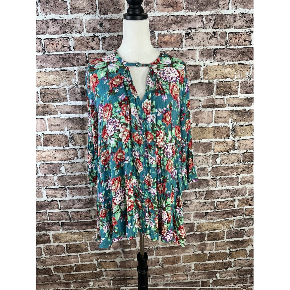 Umgee USA Womens Tunic Top Teal Floral 3/4 Sleeve Keyhole Neckline‎ Size L